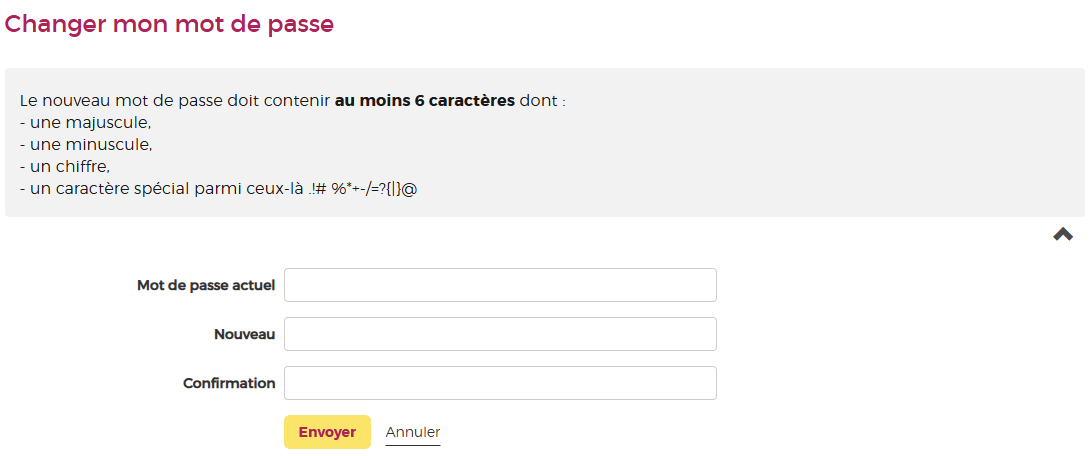 Présentation de la page changer le mot de passe